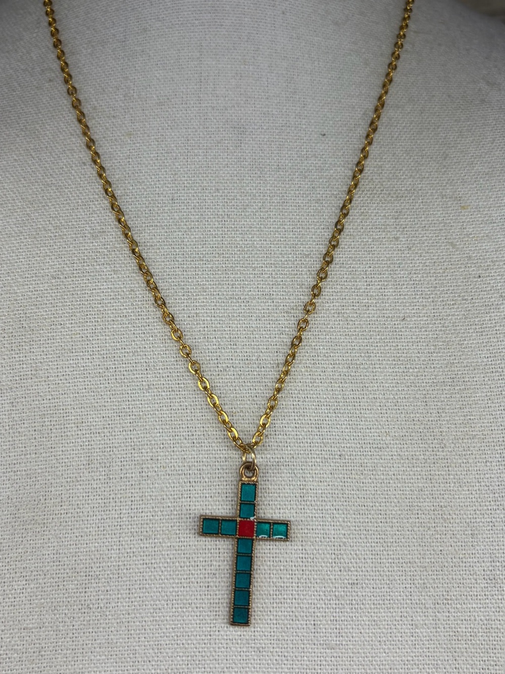 Vintage Cross Necklace Good Tone Mosaic Tile Pendant Jewelry